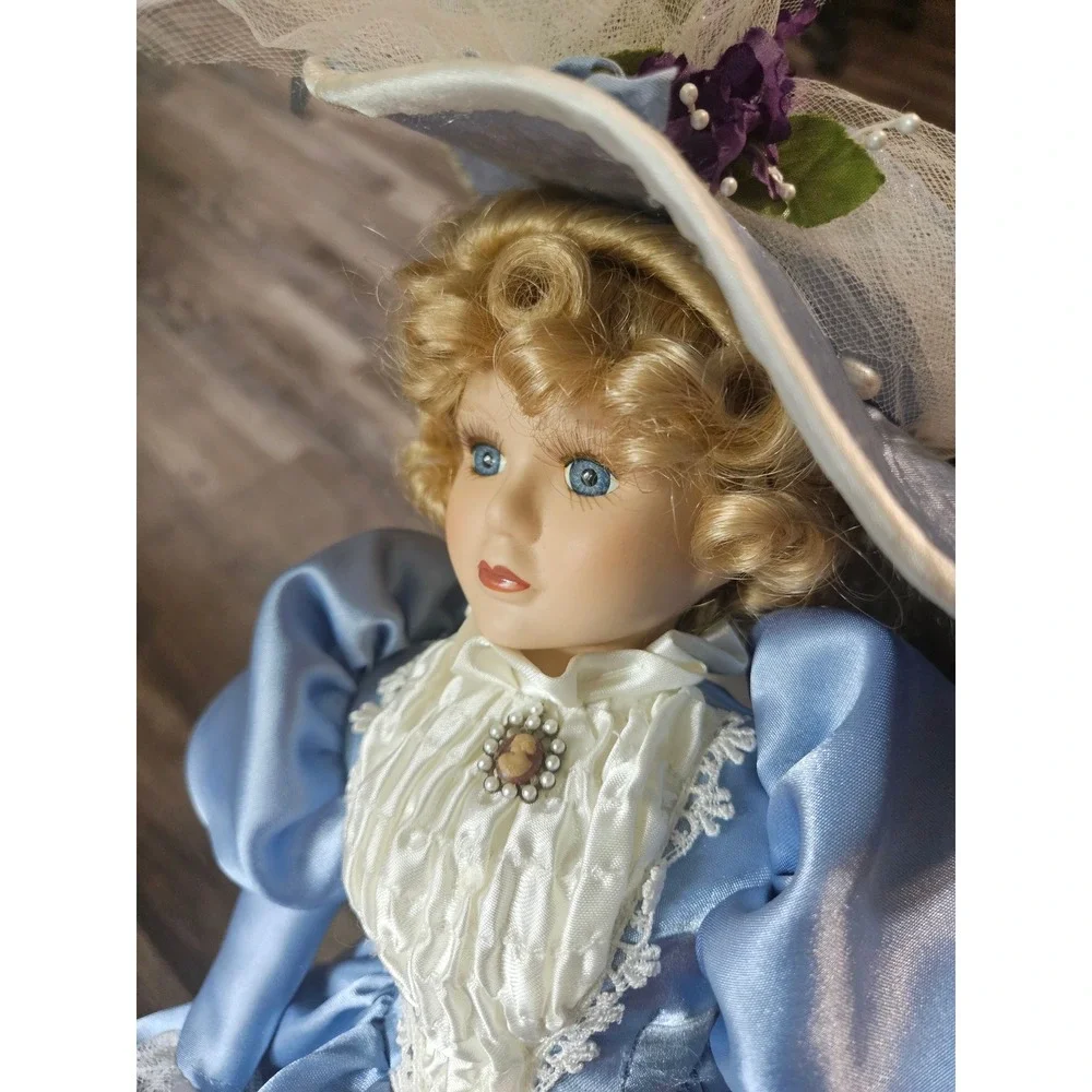 Vintage Porcelain Doll 19 Inch Blue Satin Lace‎ Dress Blonde Hair Blue Eyes Hat
